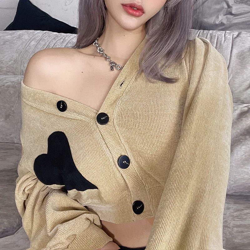 

Женская Повседневная трикотажная уличная рубашка, однотонный Укороченный кардиган на пуговицах с длинным рукавом и V-образным вырезом, три...