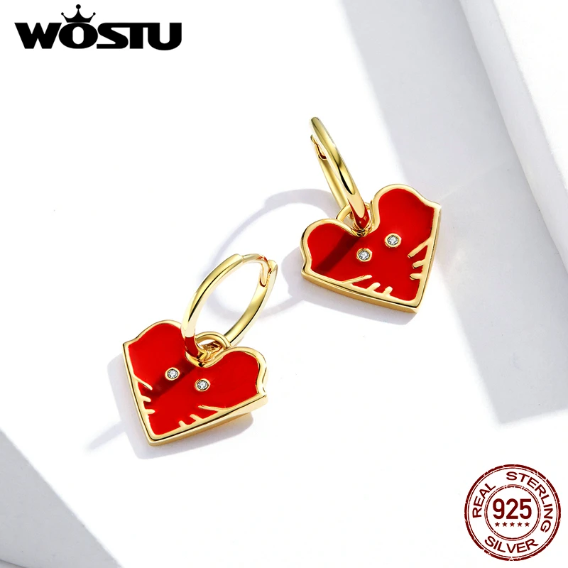 WOSTU Genuine 925 Sterling Silver Lucky Mouse Rat Hoop Earrings Red Enamel Heart Gold New Years Jewelry Gift FIE836 | Украшения и