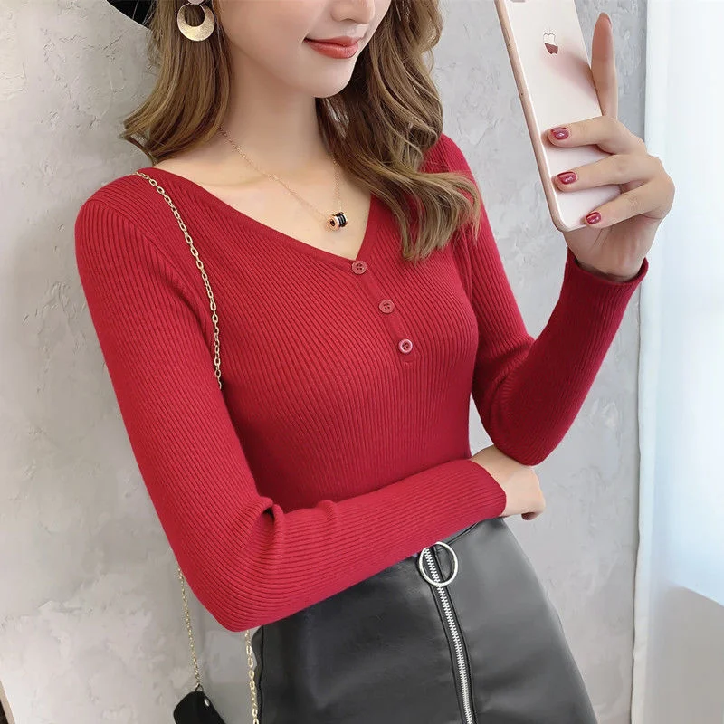 

Long Sleeve T-shirt Shows Thin Short Autumn Winter Sweater High Elastic Solid Color V-neck Top