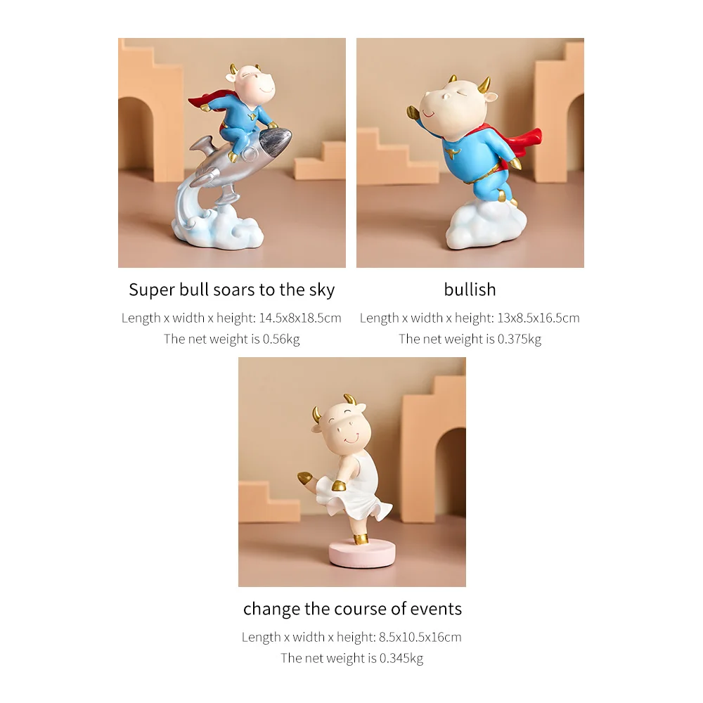 

Creative Cartoon Bull Figurine Resin Animal Ornaments Home Decoration Kawaii Room Decor Desk Accessories Valentine's Day Gift