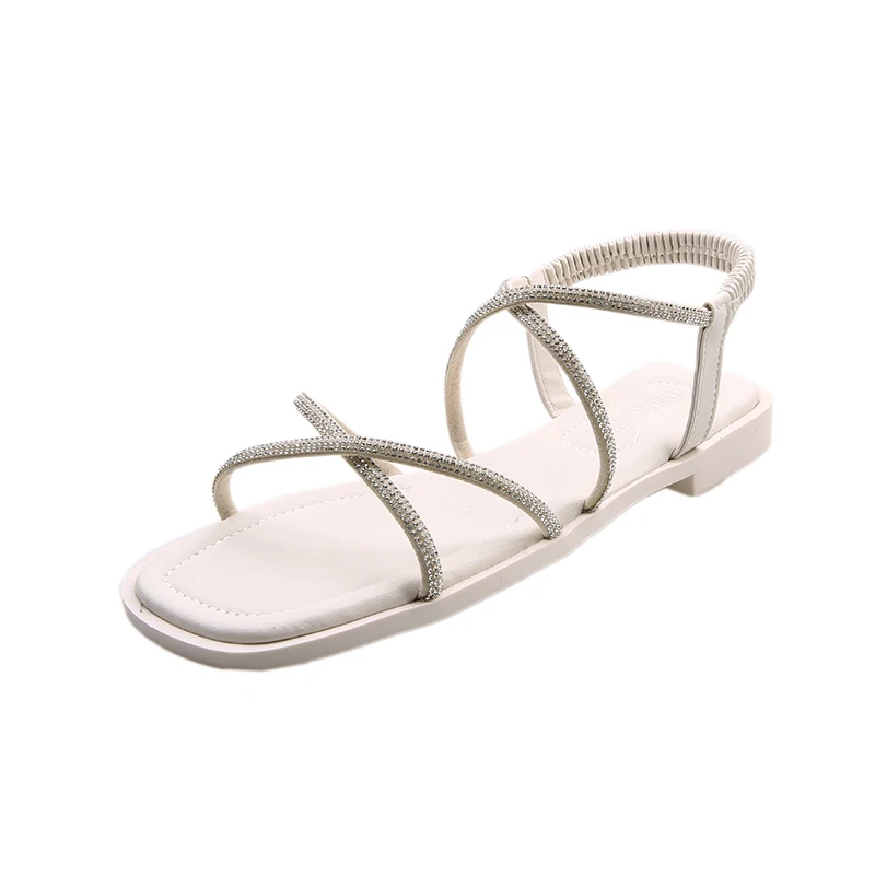 

Beige Heeled Sandals Beach Shoes Slip-on Loafers Summer Women's All-Match Black Rhinestone Elastic Band Girls 2021 Fashion Clear