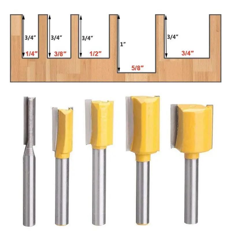 Set Of 5 Piece Straight Dado Router Bit Carbide Wood Milling Cutter Tools Cutting Diameter 1/4 Inch 3/8 1/2 5/8 In | Инструменты