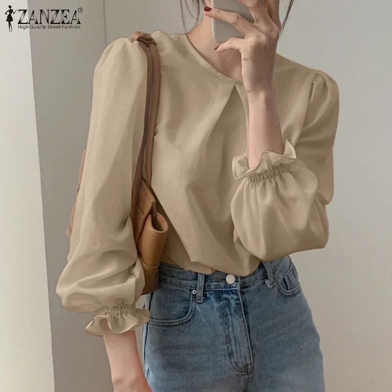 

ZANZEA Spring Long Sleeve Blouse 2022 Women O-Neck Solid Thin Femininas Chemise Bohemian Work Casual Elegant Loose Holiday Tops