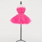 Горячее розовое Тюлевое коктейльное платье для выпускного вечера, короткое Пышное ТРАПЕЦИЕВИДНОЕ милое платье с поясом для вечевечерние