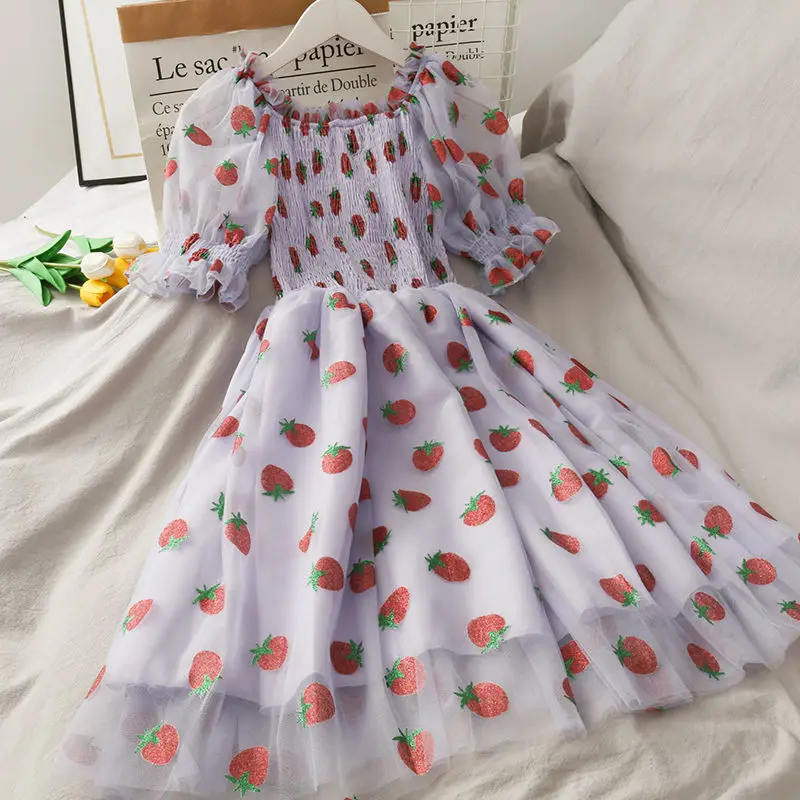 

Strawberry Dress Women French Style Lace Chiffon Sweet Dress Casual Puff Sleeve Elegant Printed Kawaii Dress Women 2020 New