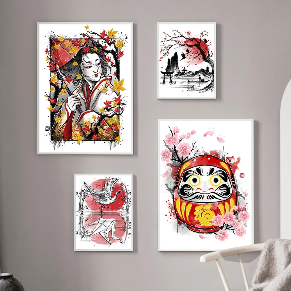

Animals Lucky Cat Canvas Painting Japanese-style Geisha In Kimono Poster Art Print Modern Wall Picture Living Bedroom Home Decor
