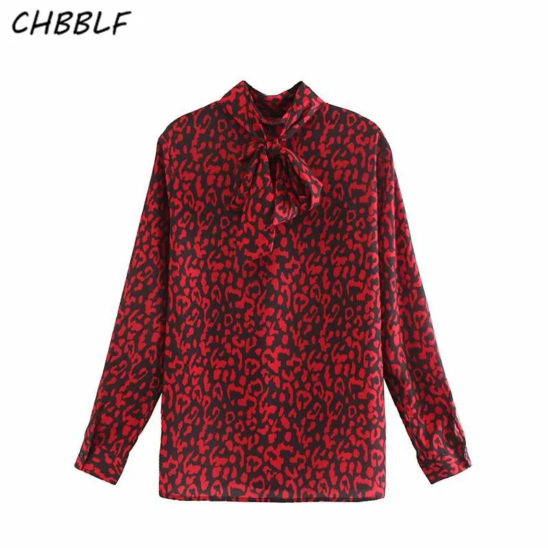 CHBBLF Женская стильная красная леопардовая блузка с галстуком-бабочкой и длинным