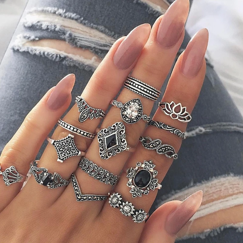  15 Pcs/Set Women Vintage Alloy Hollow out Midi Joint Finger Rings Set Knuckle Ring Jewelry Gifts for Female Girls | Украшения и