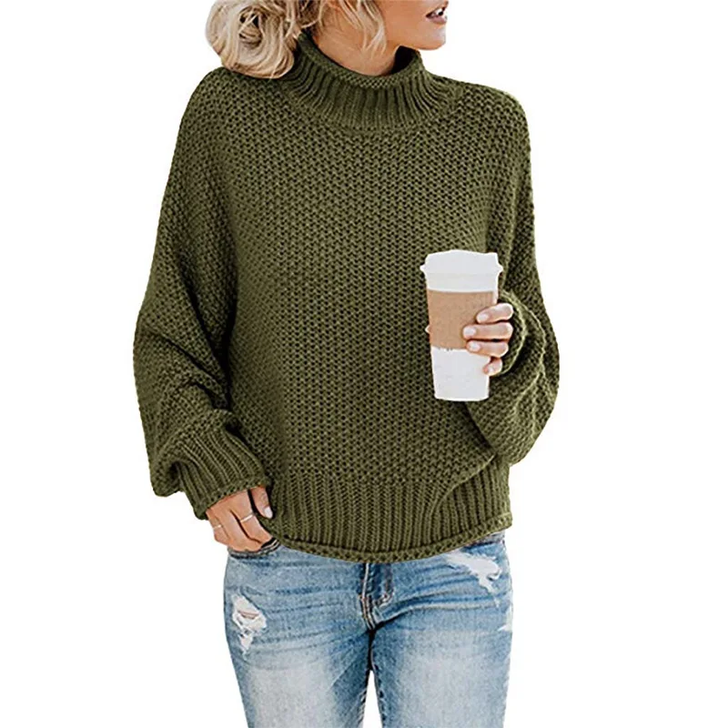 

Winter Green Sweaters Ladies Thick Loose Knitted Oversized Turtleneck Sweater Vintage Casual Cute Warm Knitwear Girls Pullover