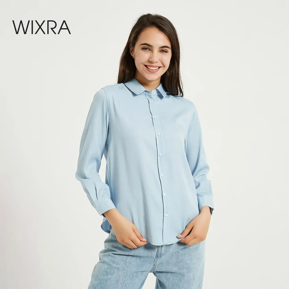 Wixra Классическая джинсовая Блузка Топы с отложным воротником Tencel повседневные