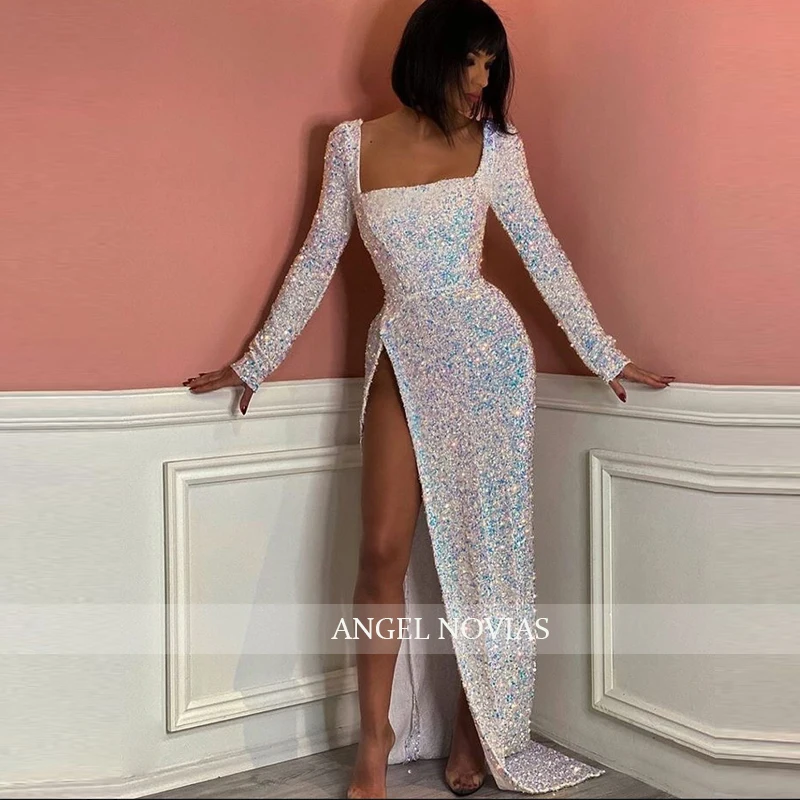 

Long Sleeves Glitter Evening Dresses 2019 with Split Kaftan Formal Prom Gown Robe Longue Soiree Dentelle