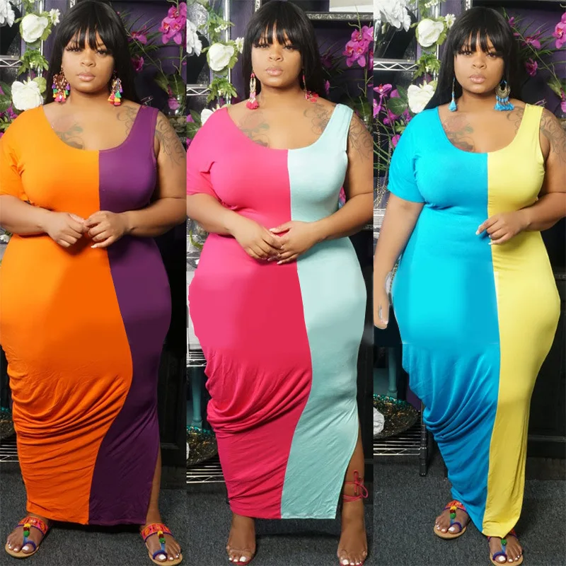 

Women Long Dress Plus Size XL-5XL Short Sleeve Patchwork Bodycon Night Club Party Bandage Street Dresses Vestidos 5126