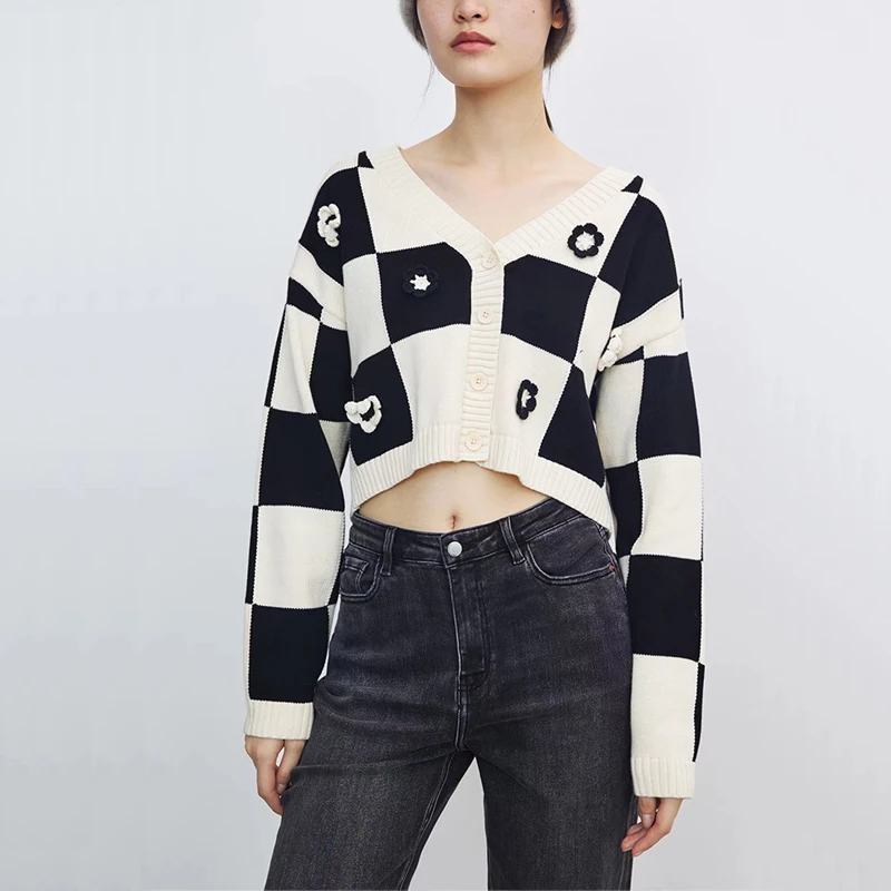 

Женская Повседневная клетчатая юбка с V-образным вырезом и длинными рукавами