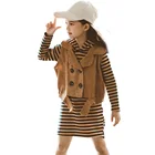 Одежда для девочек вельветовый жилет + платье с капюшоном комплект из 2 предметов для девочек, детская одежда с полосками, модная весенняя одежда для девочек 6, 8, 10, 12 лет