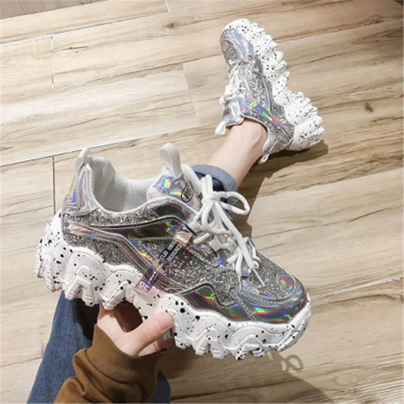 

Women Vulcanize Shoes Spring Women's Chunky Sneakers Fashion Platform Shoes Bling Sequined Lace-Up Female Trainers Dad Shoes