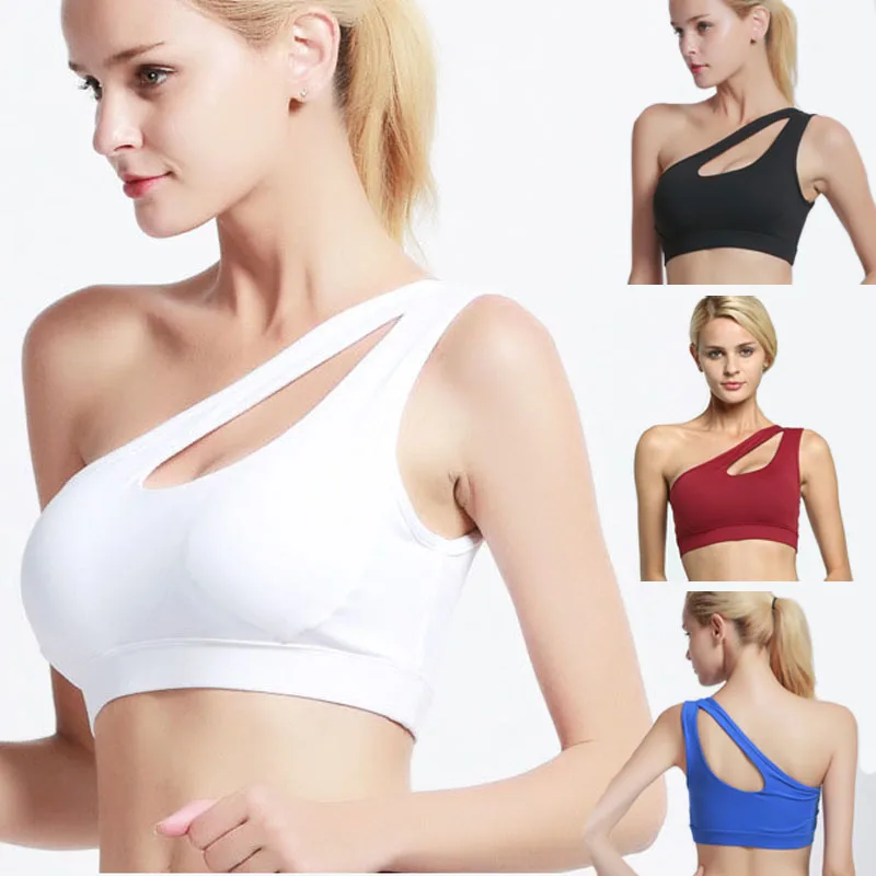 

Sexy Women One Shoulder Solid Top Sports Bra Shockproof Brassiere Yoga Crop Gym Padded Sport Tops Athletic Vest Jogger Tank Top