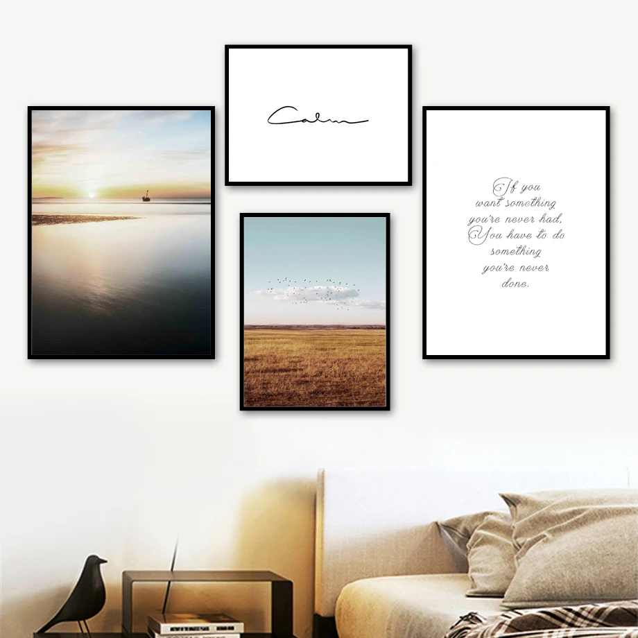 

Sea Boat Sunset Dead Grass Sky Cloud Bird Wall Art Canvas Painting Nordic Posters And Prints Wall Pictures For Living Room Decor