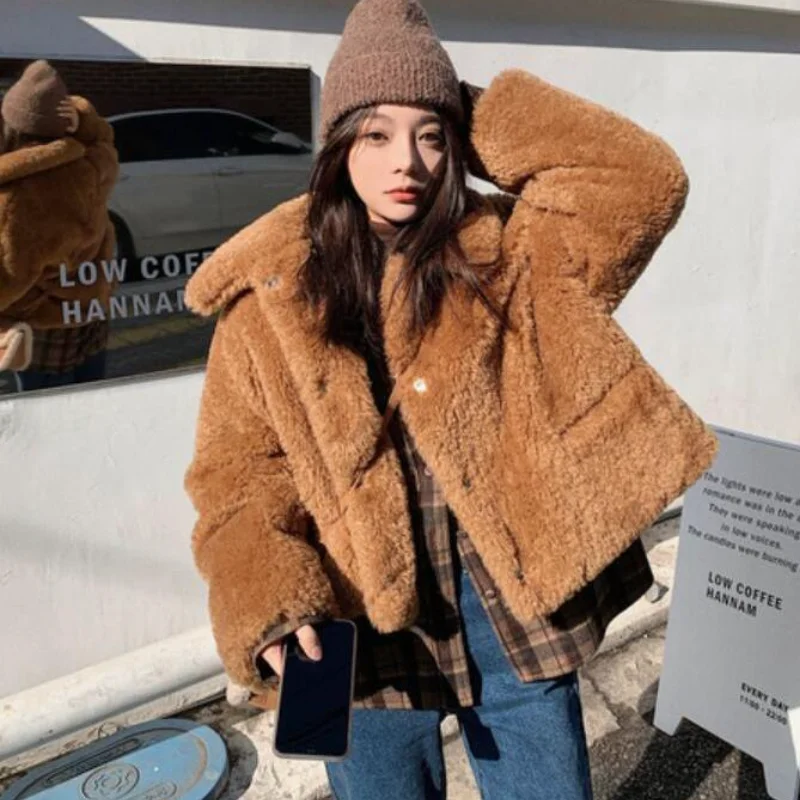 

Lambswool Plush Plus Cotton Turn Down Collar Bomber Jacket Ins Winter Faux Fur Thick Cardigan Crop Tops Quilted Coats Parka 2021