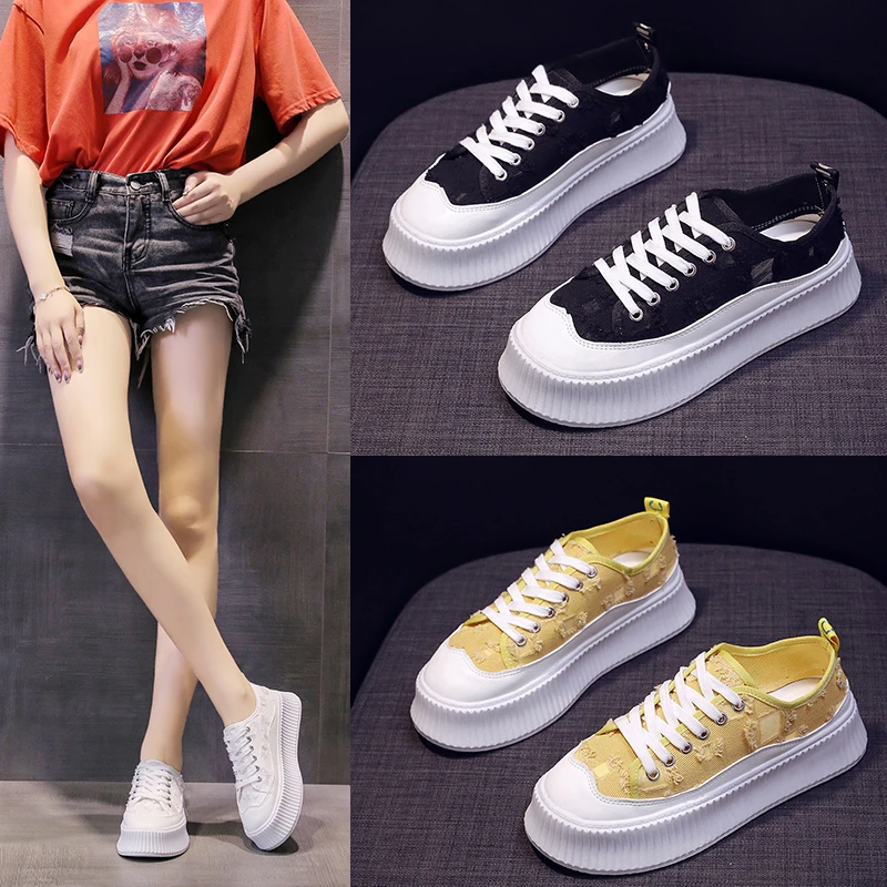 

Little white shoes female 2021 new fashion round toe biscuit shoes low-top lace-up platform fashion casual canvas shoes