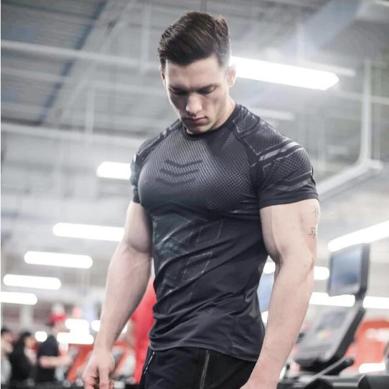 

Summer Men's Fitness Coach Sports T-Shirt High Stretch Tights Polyester Quick-Drying Running Training Short Sleeves