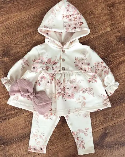 

Girl Kids Spring Autumn Clothes Set Long sleeves Sweet Flower Printed Hooded Sweatshirt Elastic Long Pants Baby Girls Clothing