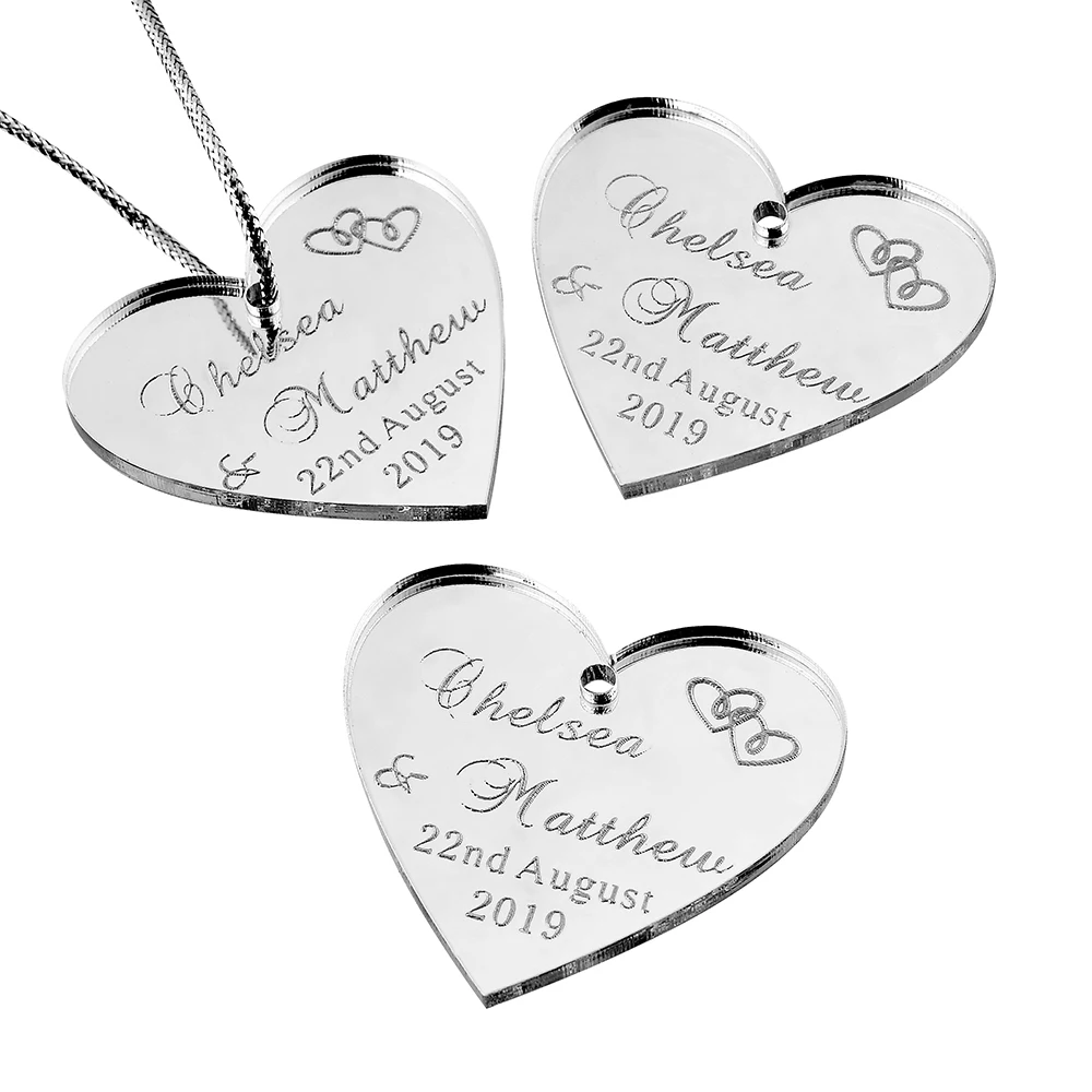 100Pcs Personalized Engraved Mirror Love Heart Wedding Tags 40/45/50mm Choose Baptism Tag Baby Shower Gift Favor Party Decor | Дом и сад