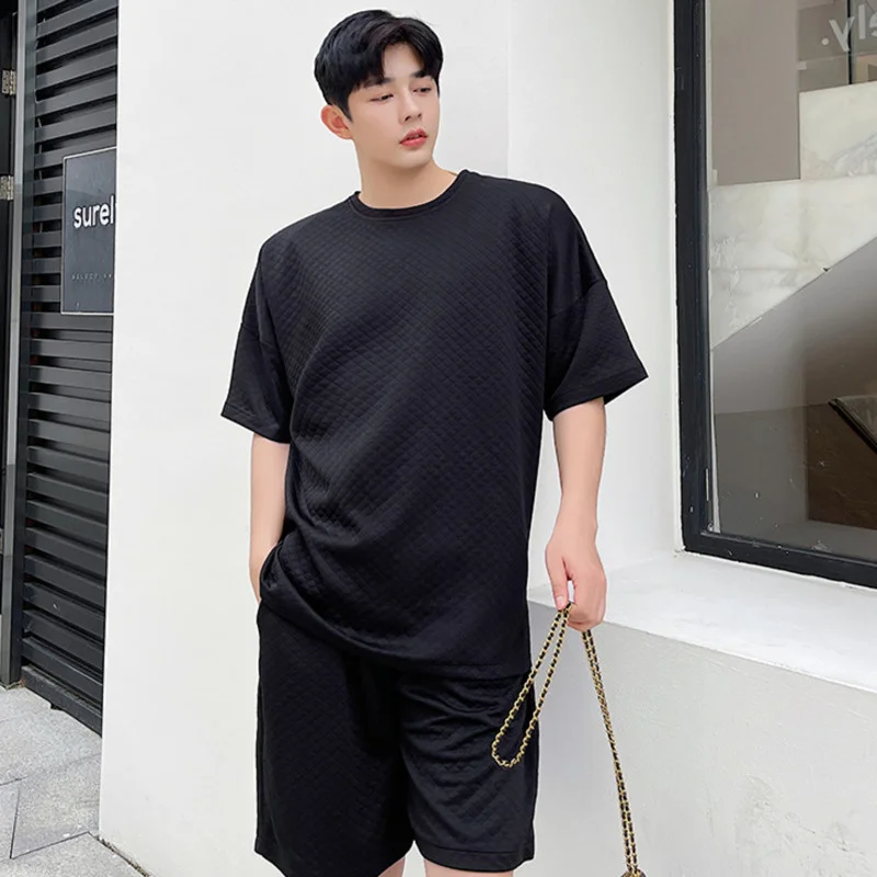 

IEFB 2021 Summer New Trend Personalized Embossed Lattice Solid Color Casual Short Sleeve T-shirt Shorts Two Pieces Set 9Y7384