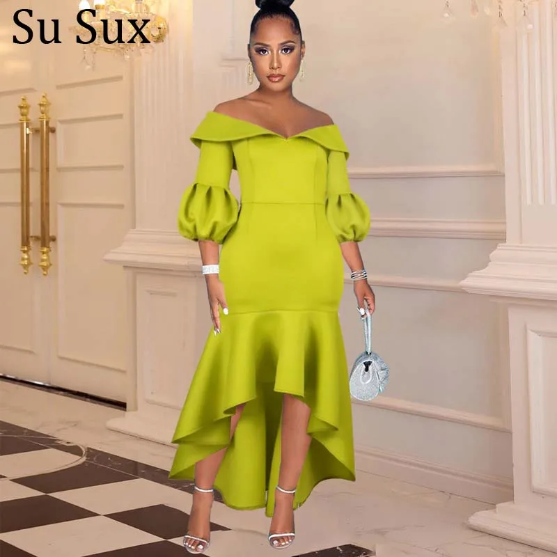 

Slash Neck Party Maxi Dress Women Lanter Sleeve High Waist Fishtail Long Dress Nightclub Vestidos African Clothes 2021 Autumn