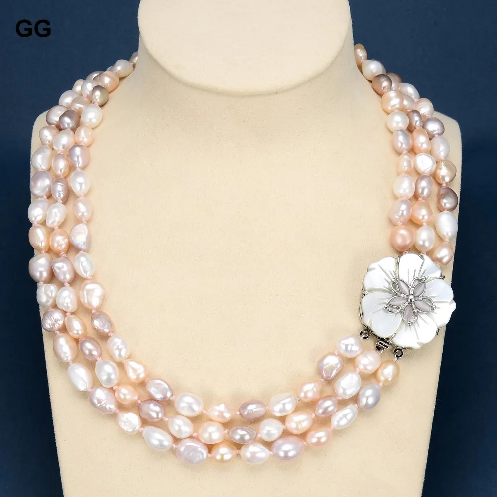 

GuaiGuai Jewelry 18'' 3 Rows Natural Pearl Mix Color Pink Purple White Keshi Pearl Baroque Statement Necklace For Women