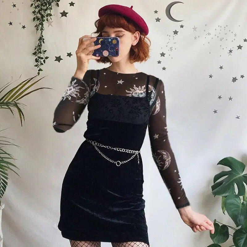 

2020 New Women Sexy Harajuku Mesh Tops See Through T Shirt Transparent Sun Moon Star Print Basic Top Camisas Femininas Clubwear