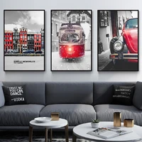 black red car train buildings wall art canvas paintings vintag city landscape wall art prints and posters living room home decor