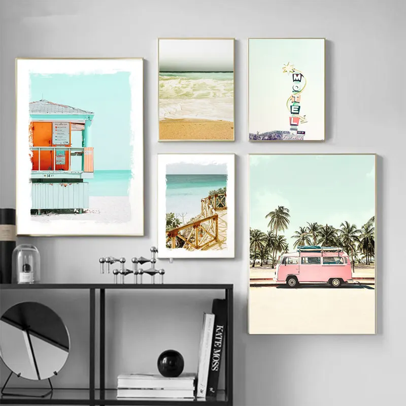 Картина с пляжным автобусом и морем фламинго настенная живопись на холсте