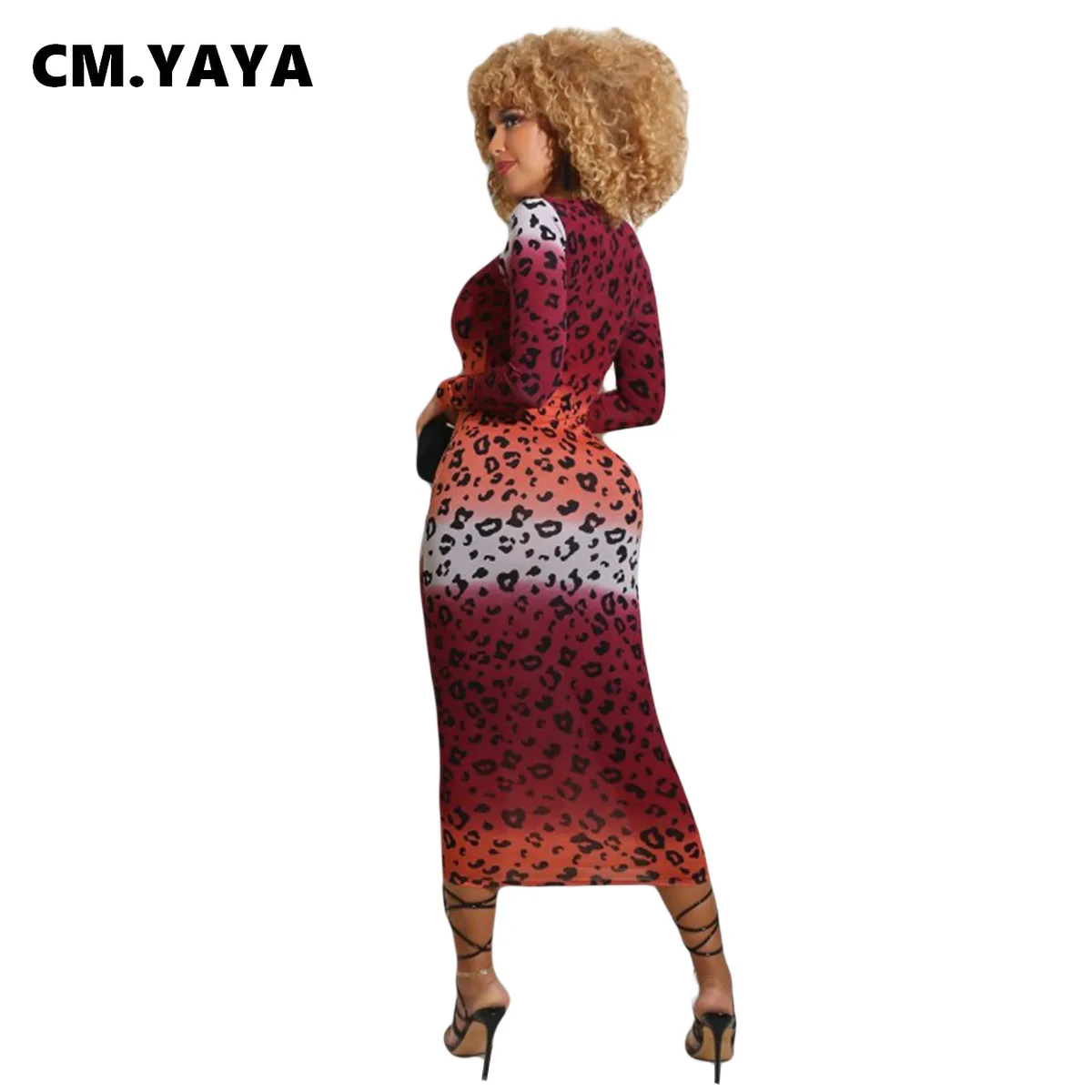 CM.YAYA Women Autumn Sexy Bodycon Leopard Gradient Print Midi Dress Club Party Long Sleeve Pencil Bandage Maxi Dresses | Женская одежда