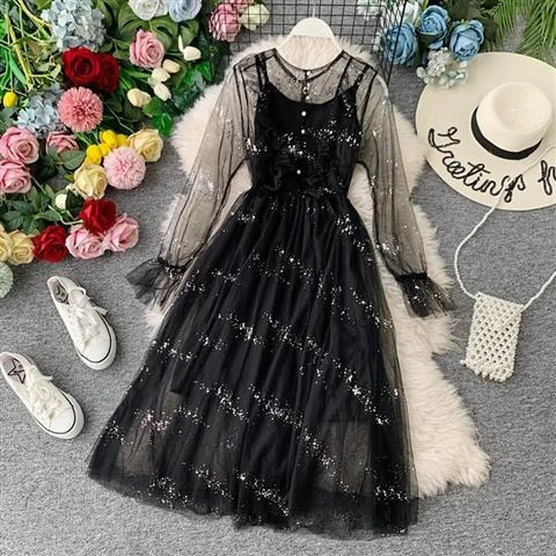 

2021 Spring Autumn Sweet Korean Women Sequins Mesh Dress Long Sleeved Slim Sexy O-neck Casual Mid-calf Dresses Vestidos Y535