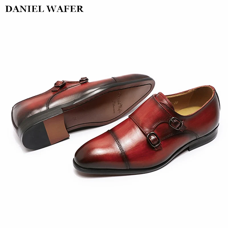 Zapatos de vestir de piel aut&eacute;ntica para ni&ntilde;os, calzado de alta calidad, Punta puntiaguda, correa de monje, fiesta para ni&ntilde;os, boda, escuela, negro y rojo-4