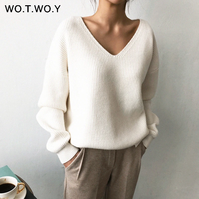 S19229White WOTWOY осень зима базовый вязаный синий белый свитер для женщин модные повседневные женские пуловеры с v-образным вырезом корейские женские джемперы - Цвет: S19229White