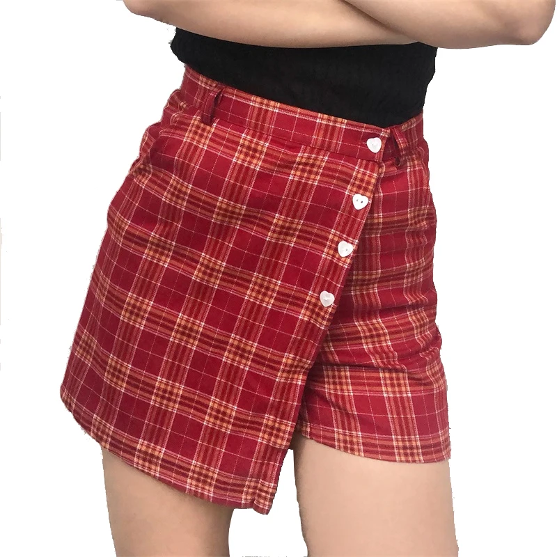 Женская клетчатая юбка с вышивкой красная трапециевидная в стиле Харадзюку