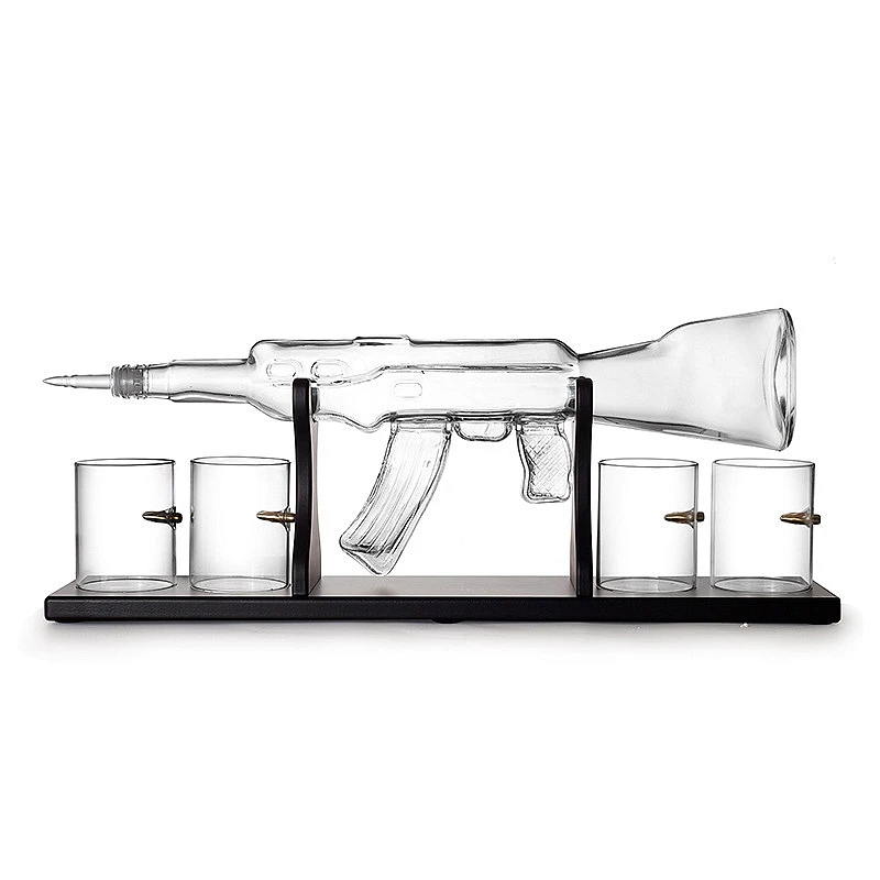 AK47 Gun Shape Whisky Glass Wine Container Decanter Set Drinking Vessel With 4 Cups 1 Pine Wood Support | Дом и сад