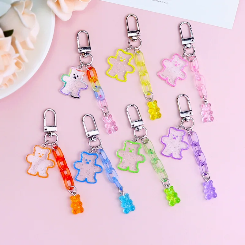 

New Cute Jelly Bear Keychain Kawaii Acrylic Color Girl Sweet Romantic Keyring Children's Bag Trinket Charm Jewelry Key Pendant
