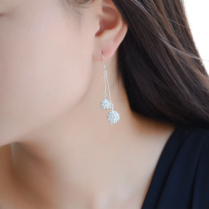 

Fashion Elegant 925 Silver Dangle Earrings Double Crystal Ball Women Silver Drop Earrings