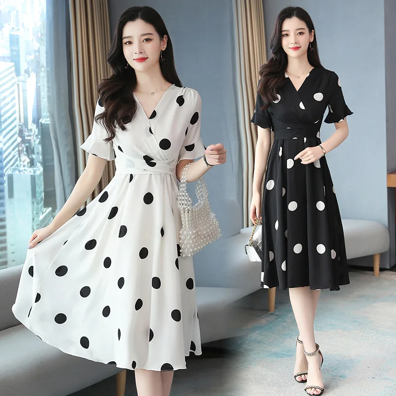 

Wave dot dress 2021 spring/summer new women's short-sleeved fashion waist show thin temperament light-skinned chiffon skirt