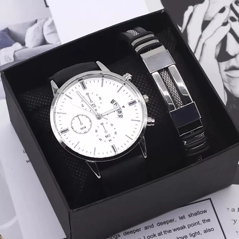 

Men Watch Bracelet Set Fashion Sport Wrist Watch Alloy Case Leather Band Watch Quartz Business Wristwatch calendar Clock Gift