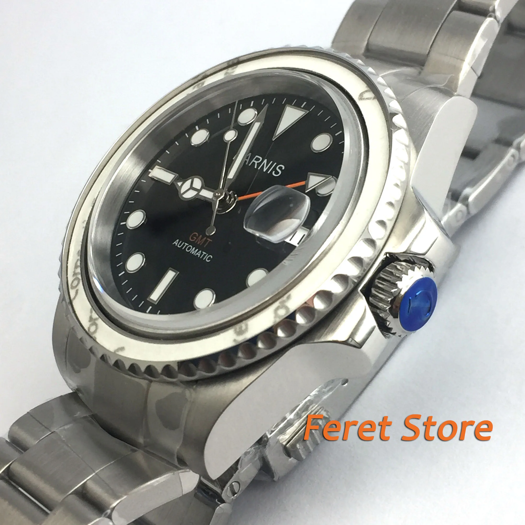 Мужские часы 40 мм parnis с черным циферблатом GMT Безель сапфировое стекло