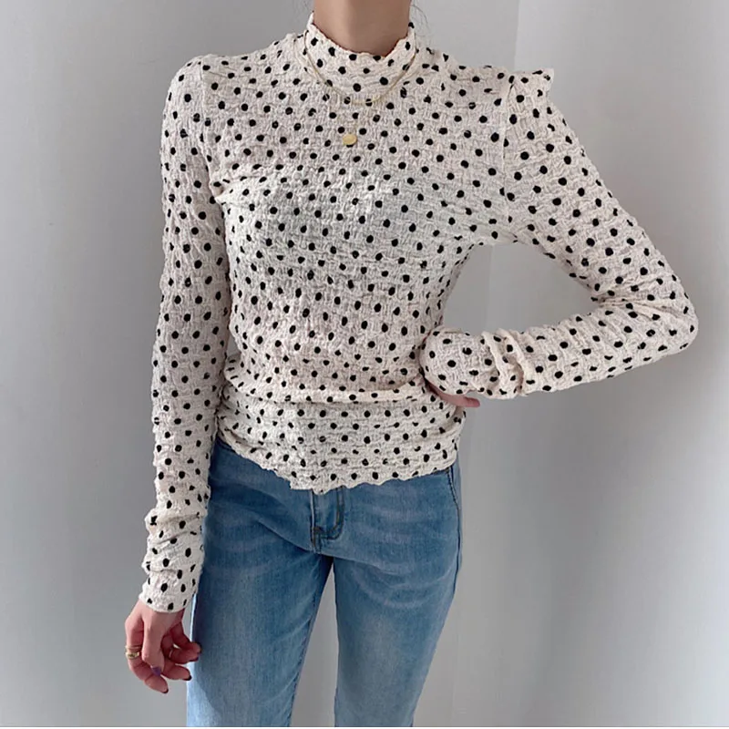 

Blouses Woman Fashion 2021 Elegant Spring Summer Dot Pattern Blouse Ladies Vintage Chiffon Long Sleeve Tops Female Tops Pullover
