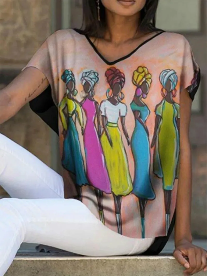 

T-Shirt Ladies Loose V-Neck Casual Print Crop Top Hedging Mid-Length Kawaii Fashion Club Blouses Yellow Women's Clothing 2021