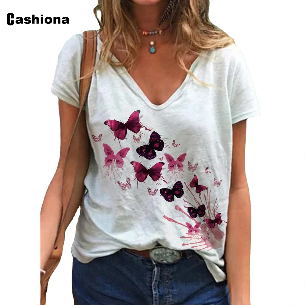 

Plus Size 3xl Women Elegant Leisure Casual V-neck T-shirt Model Butterflies Print Women's Top 2021 Summer Latest Tee shirt Femme