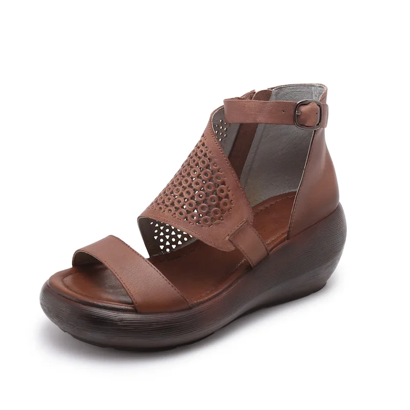 

Vintage Handmade Genuine Leather Women's Sandals Thick-Soled Casual Wedges Shoes for Women Hollow Out Summer Sandalias Mujer