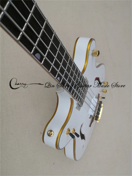 

Custom Made 4 string electric bass guitar,semi hollow body,golden binding fixed bridge,gold buttons,335 bass