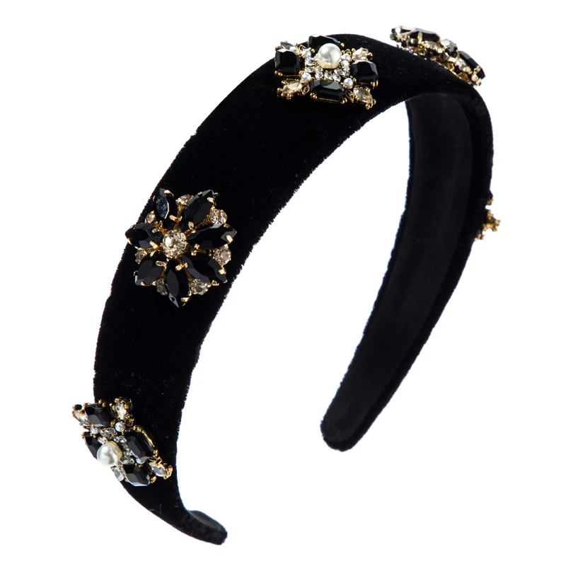 

Luxury Shiny Crystal Flower Wide Headband for Lady Vintage Simulated Pearl Velvet Hair Band Bridal Wedding Party Hair Accessory