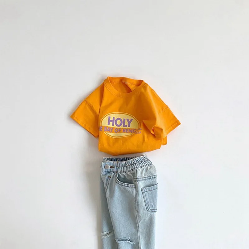 Camiseta holgada de algod&oacute;n con letras para ni&ntilde;os y ni&ntilde;as, ropa de ocio de manga corta, E100284, verano, 2021-3